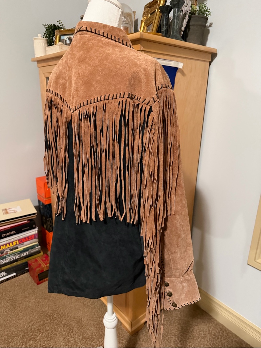 80s Bob Mackie Vintage Fringed Leather Suede Western Jacket Brown & Black Size L - Picture 7 of 15